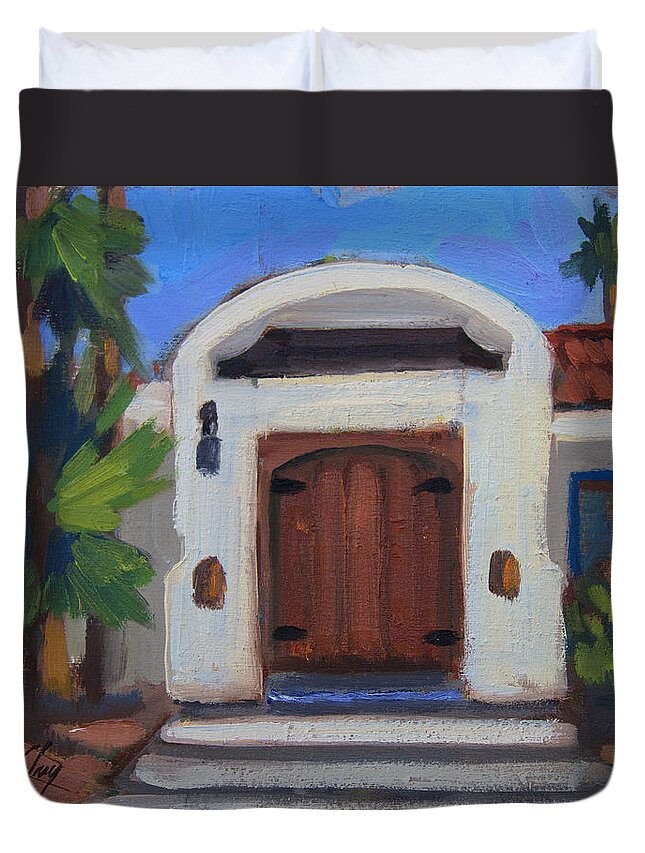 La Quinta Duvet Cover featuring the painting Coyote Crossing Gate by Diane McClary