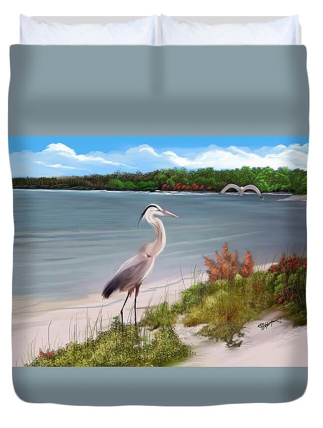 Anthony Fishburne Duvet Cover featuring the digital art Crane by the sea shore by Anthony Fishburne