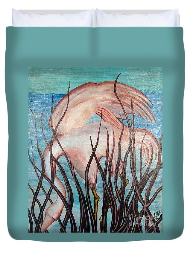 Shore Bird Duvet Cover featuring the painting Crane by Lynellen Nielsen
