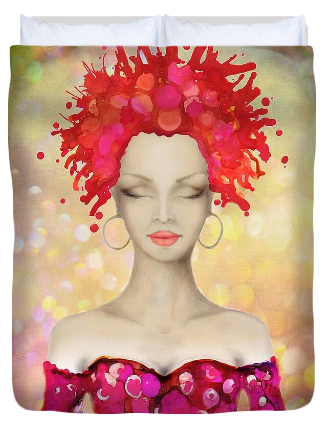 Crazy Duvet Cover featuring the painting Crazy Pink Hair night out by Lilia S