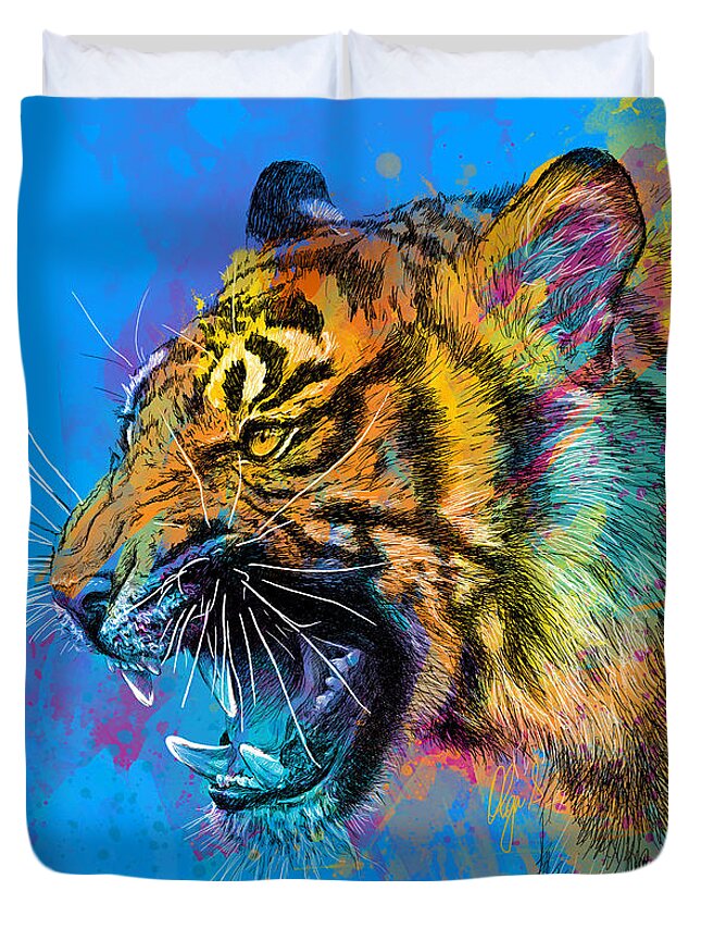 Tiger Duvet Cover featuring the digital art Crazy Tiger by Olga Shvartsur