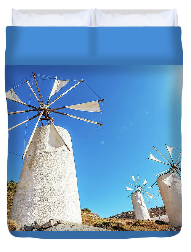 Wind Duvet Cover featuring the photograph Crete Windmills Greece by Mlenny
