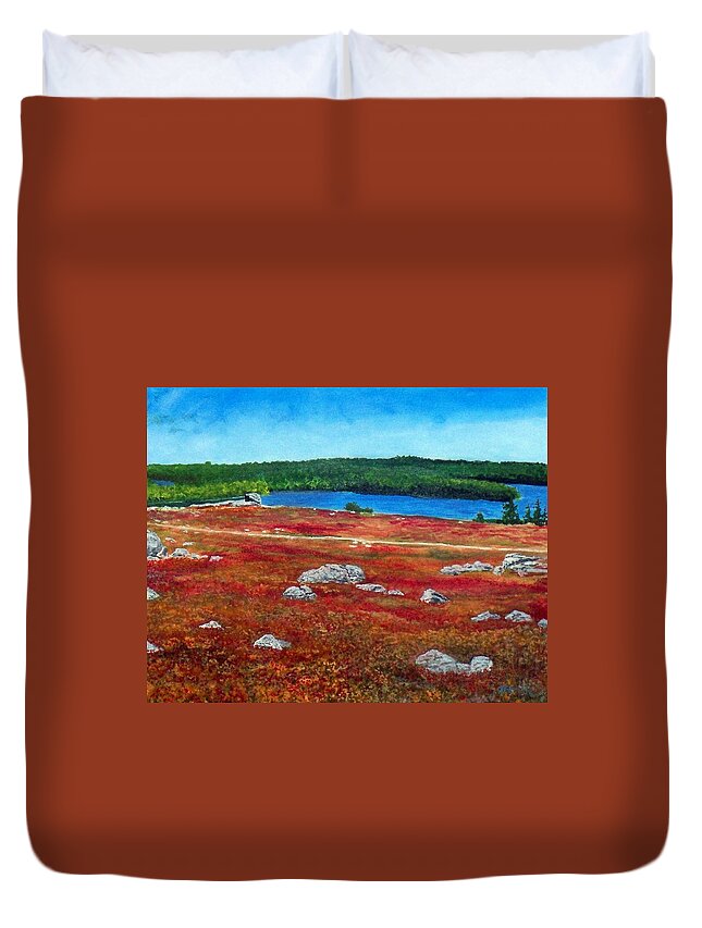 Crimson Duvet Cover featuring the painting Crimson Blueberry Barren by William Tremble
