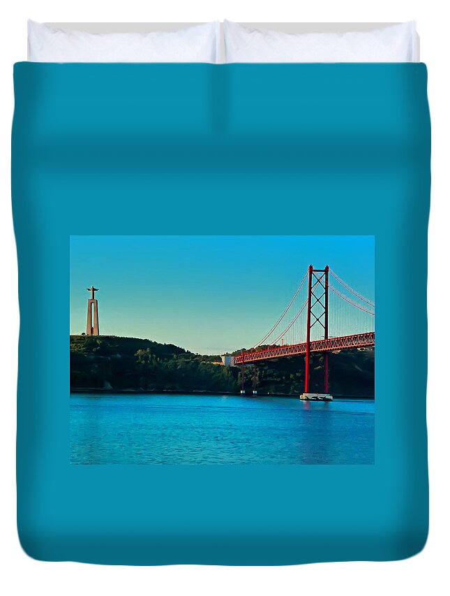 Lisbon Duvet Cover featuring the photograph Cristo Rei and the 25 de Abril Bridge by Mitchell R Grosky