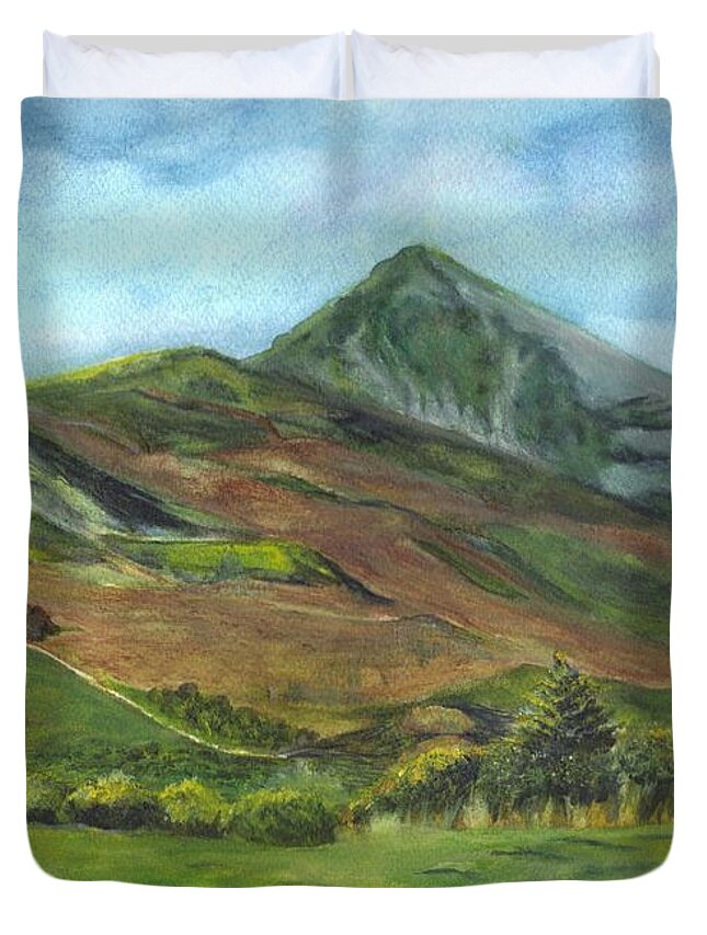 Watercolor Duvet Cover featuring the painting Croagh Saint Patricks Mountain in Ireland by Carol Wisniewski
