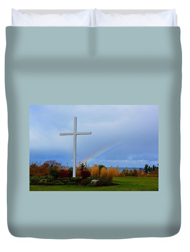 Cross Duvet Cover featuring the photograph Cross at the End of the Rainbow by Keith Stokes