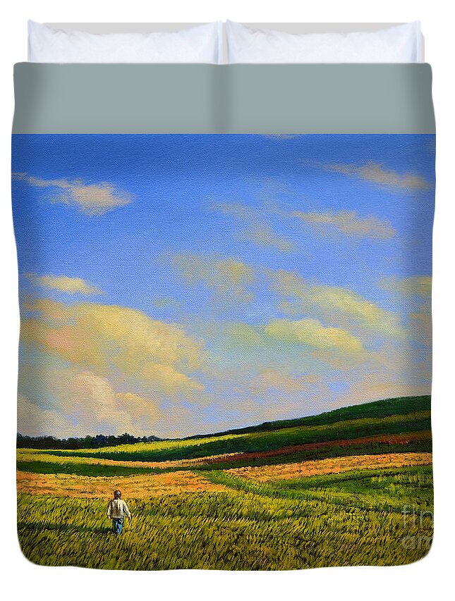 Farm Duvet Cover featuring the painting Crossing the field by Christopher Shellhammer
