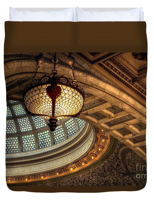 Antique; Hall; Foyer; Formal; Indoors; Inside; Chandelier; Ornate; Dome; Arches; Archway; Interior; Posh; Classy; Expensive; Light; Period; Old Fashioned; Vintage; Elegant; Beautiful; Pretty; Gorgeous; Ceiling; Hang; Hanging; Mosaic; Glass; Chicago; Chicago Cultural Center; Gold; Blue; Teal; Lights Duvet Cover featuring the photograph Culture Details by Margie Hurwich