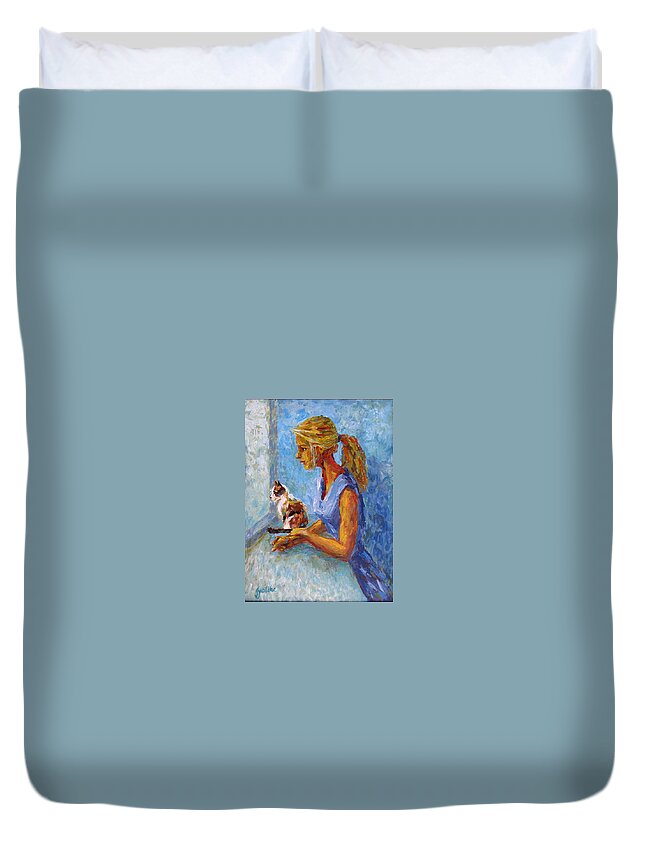 Girl And Cat Duvet Cover featuring the painting Curiosity by Jyotika Shroff