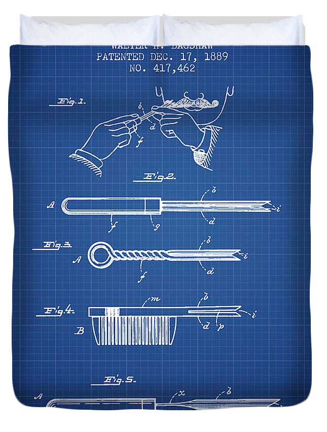 Hair Curling Duvet Cover featuring the digital art Curling Tongs patent from 1889 - Blueprint by Aged Pixel
