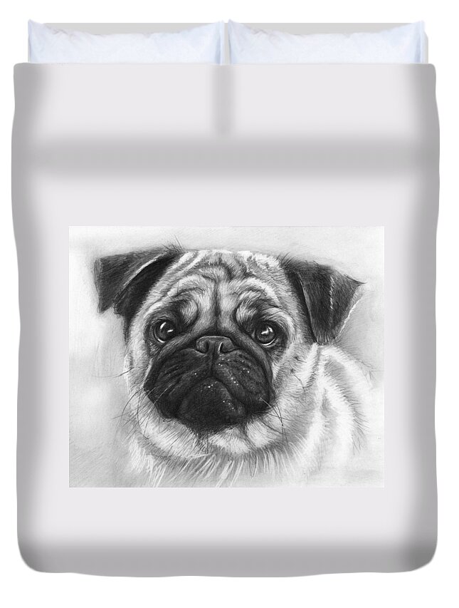 Dog Duvet Cover featuring the drawing Cute Pug by Olga Shvartsur
