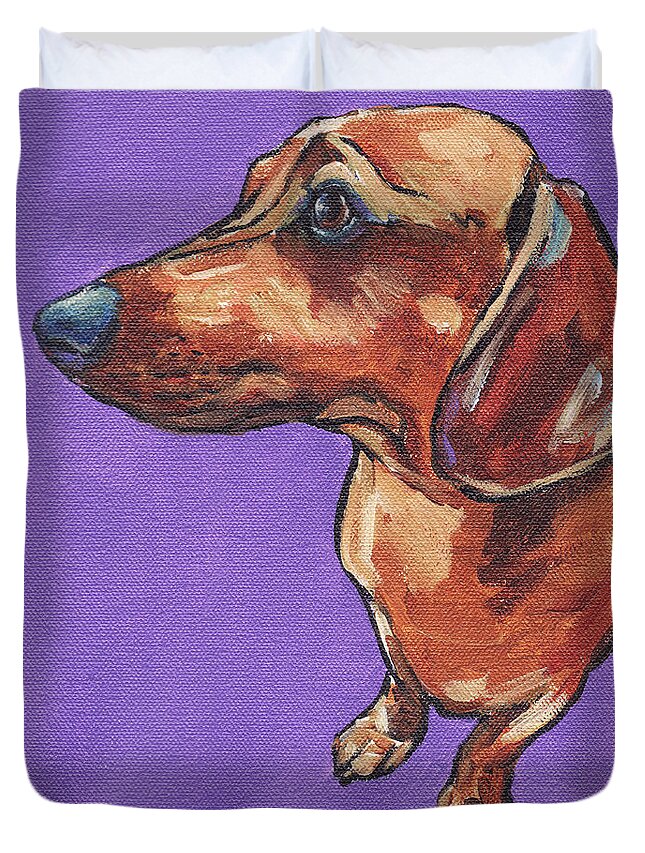 Dachshund Duvet Cover featuring the painting Dachshund by Greg and Linda Halom