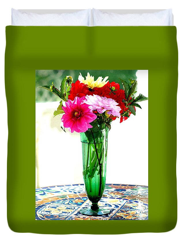 Flowers Duvet Cover featuring the photograph Dahlias on a table in the sun by Lehua Pekelo-Stearns