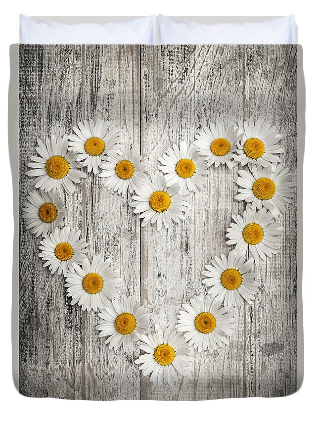 Daisy Duvet Cover featuring the photograph Daisy heart on old wood by Elena Elisseeva