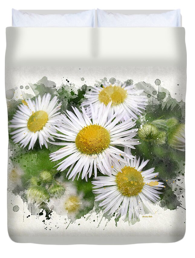 Daisy Duvet Cover featuring the mixed media Daisy Watercolor Flowers by Christina Rollo