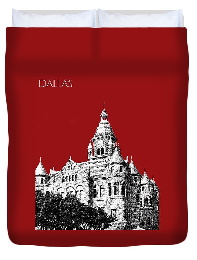 Architecture Duvet Cover featuring the digital art Dallas Skyline Old Red Courthouse - Dark Red by DB Artist