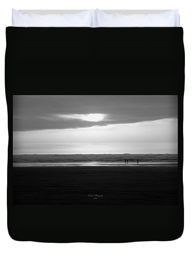 Ocean Duvet Cover featuring the photograph Dancing At Sunset In Black and White by Jeanette C Landstrom