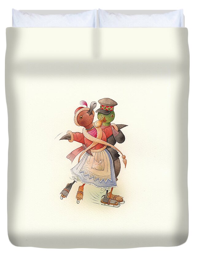 Christmas. Winter Duvet Cover featuring the painting Dancing Ducks 02 by Kestutis Kasparavicius