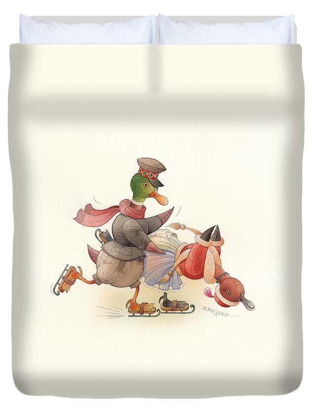 Christmas Duvet Cover featuring the painting Dancing Ducks 03 by Kestutis Kasparavicius