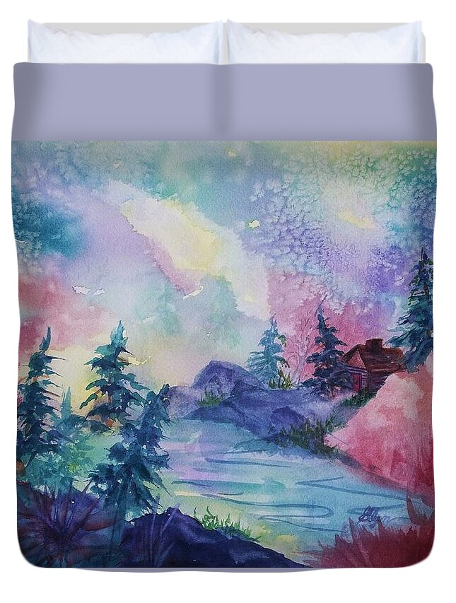 Aurora Duvet Cover featuring the painting Dancing Lights II by Ellen Levinson