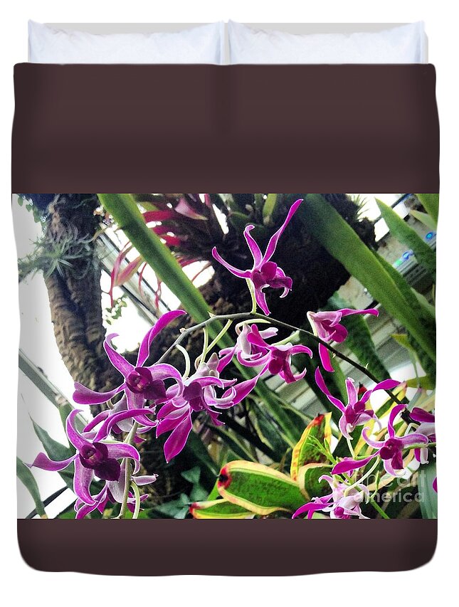 Green Duvet Cover featuring the photograph Dancing Orchids by Angela Rath