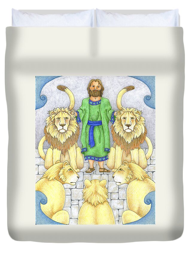Bible Duvet Cover featuring the drawing Daniel In The Lions' Den by Alison Stein