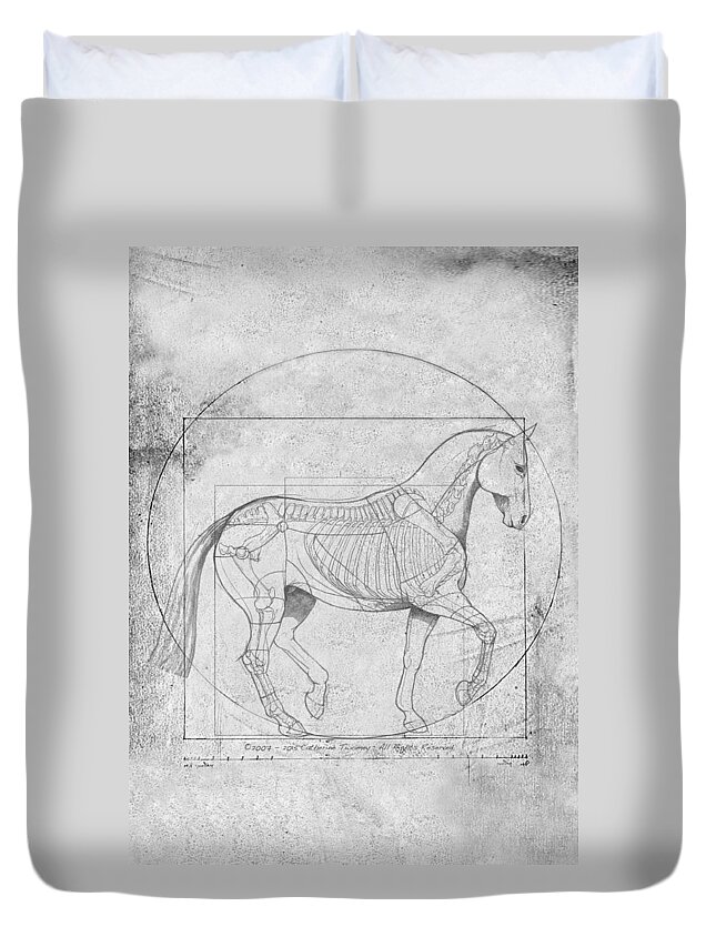 Horse Duvet Cover featuring the painting Da Vinci Horse Piaffe Grayscale by Catherine Twomey
