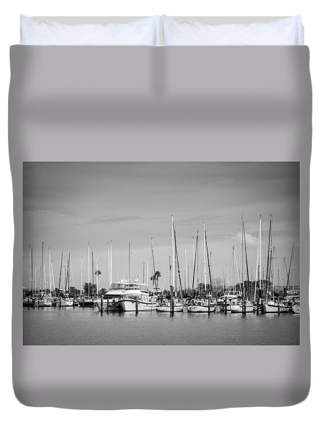 Yachts Duvet Cover featuring the photograph Davis Island Yacht Club BW by Carolyn Marshall