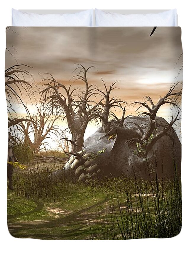 Fantasy Duvet Cover featuring the digital art Dawn in the Land of Giants by Michael Wimer