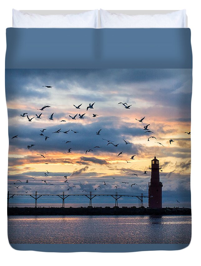 Lighthouse Duvet Cover featuring the photograph Dawn's Early Flight by Bill Pevlor