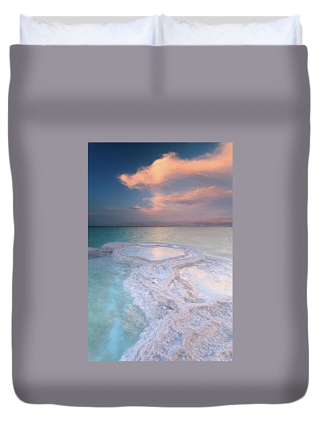 East Duvet Cover featuring the photograph Dead Sea Shallow Waters At Sunset by Dtokar