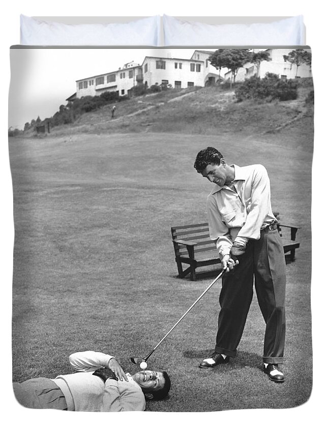 1953 Duvet Cover featuring the photograph Dean Martin and Jerry Lewis Golf by Underwood Archives