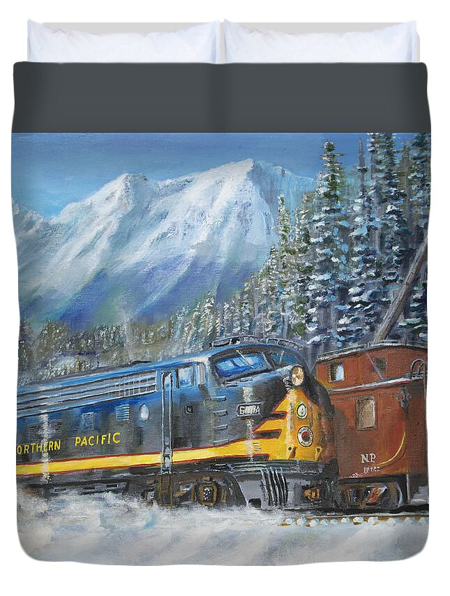 Railroad Duvet Cover featuring the painting December on Stampede Pass by Christopher Jenkins