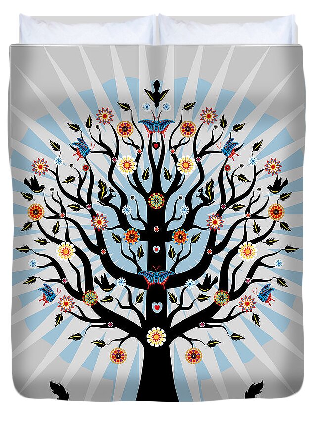 Animal Themes Duvet Cover featuring the digital art Decorative Illustrated Tree by Suzanne Carpenter Illustration