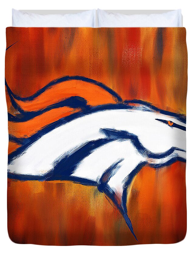 Denver Broncos Duvet Cover featuring the painting Denver Broncos by Lourry Legarde