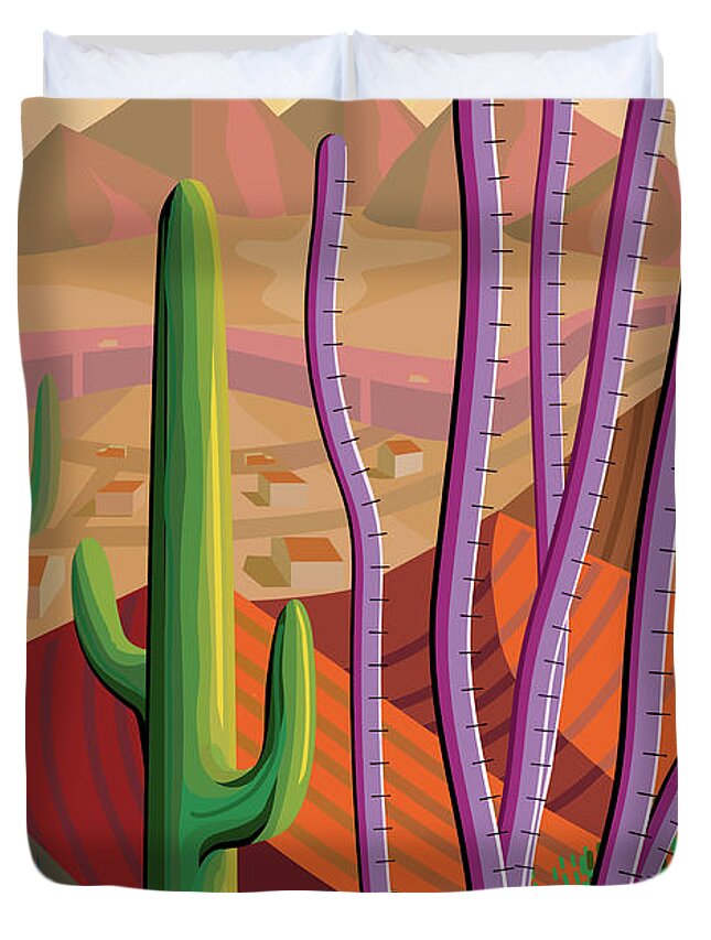 Saguaro Cactus Duvet Cover featuring the photograph Desert, Cactus, Mountains Landscape by Charles Harker