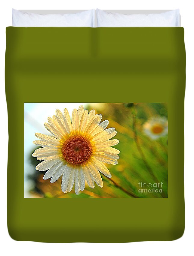 Daisy Duvet Cover featuring the photograph Dew Kissed Daisy by Terri Gostola