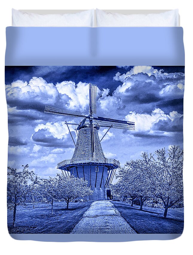 Art Duvet Cover featuring the photograph deZwaan Holland Windmill in Delft Blue by Randall Nyhof