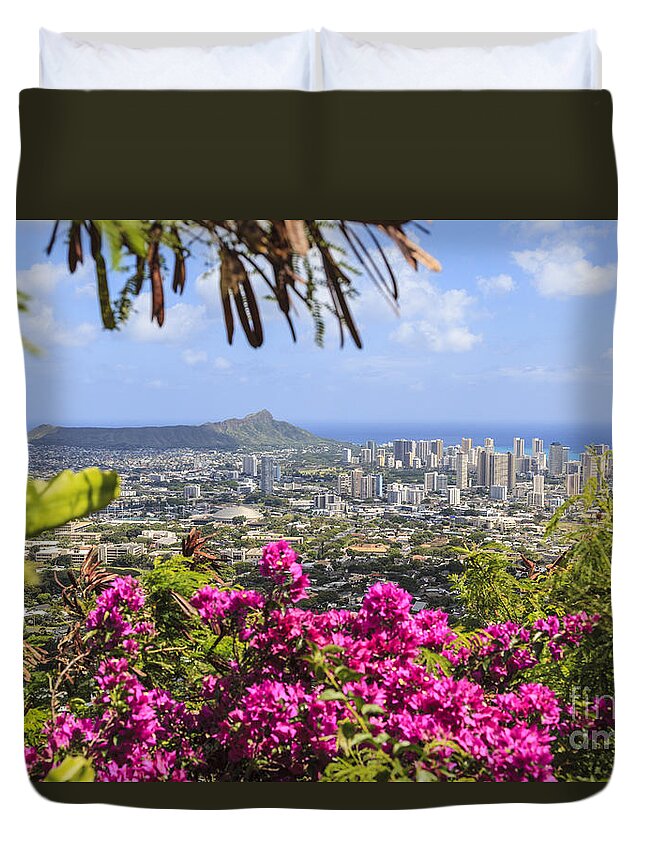 Waikiki Duvet Cover featuring the photograph Diamond Head and Waikiki Oahu Hawaii by Ken Brown