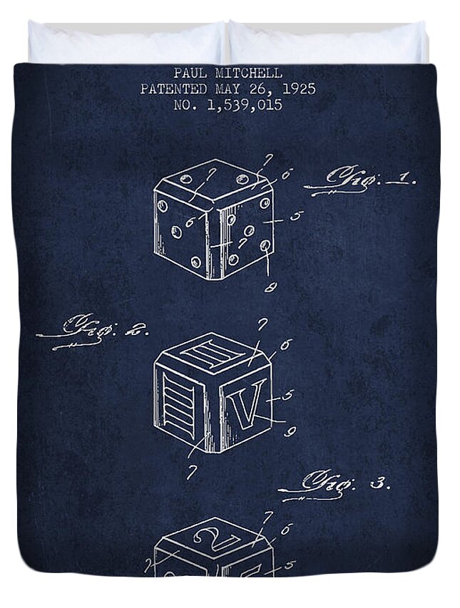 Dice Duvet Cover featuring the digital art Dice Apparatus Patent from 1925 - Navy Blue by Aged Pixel