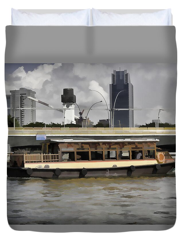 Action Duvet Cover featuring the digital art Digital Oil Painting - Colorful river cruise boat in Singapore by Ashish Agarwal