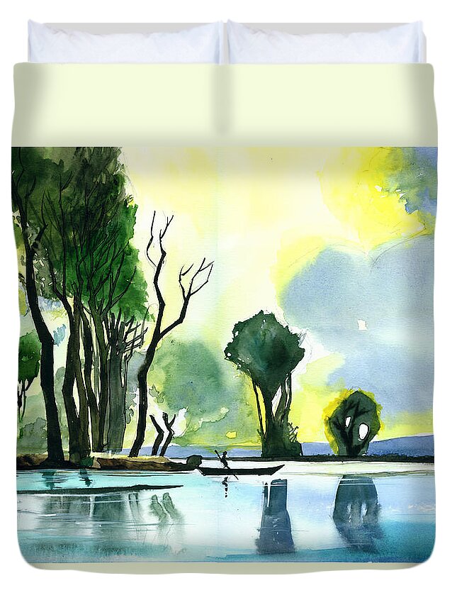 Nature Duvet Cover featuring the painting Distant Land by Anil Nene