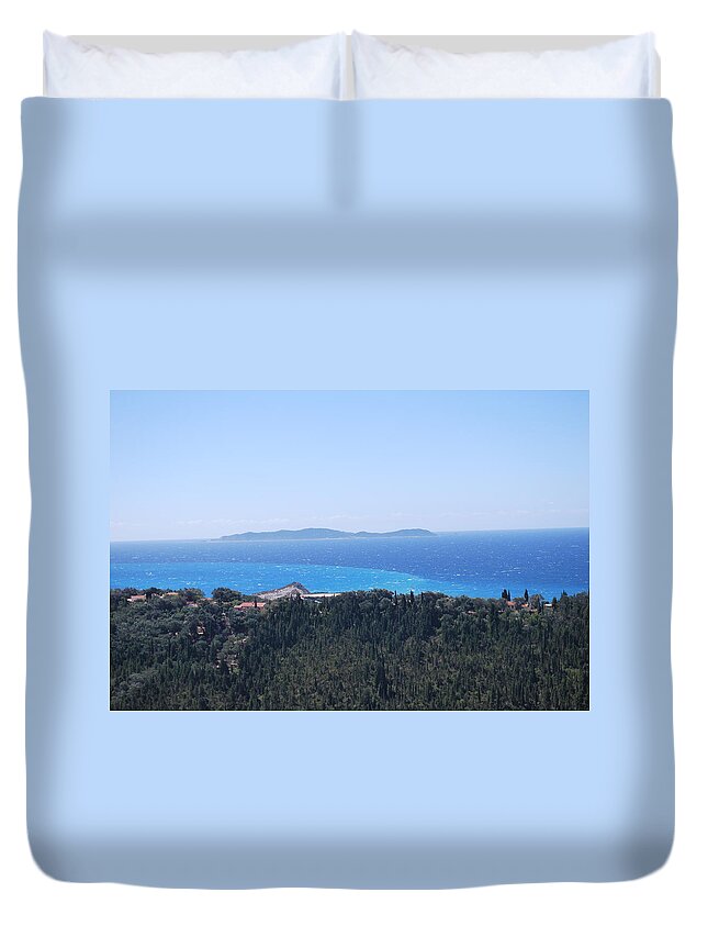 Erikousa Duvet Cover featuring the photograph Distant Mathraki by George Katechis