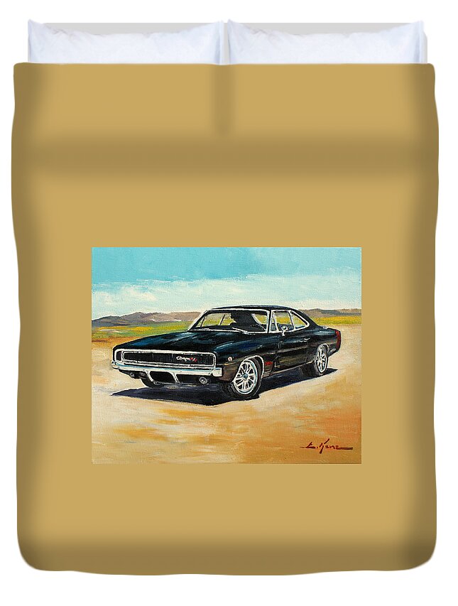 Dodge Duvet Cover featuring the painting Dodge Charger RT 1970 by Luke Karcz