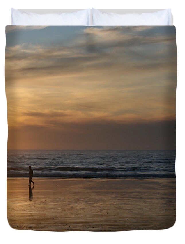 Donley Duvet Cover featuring the photograph Dog and Man on The Beach by Ian Donley