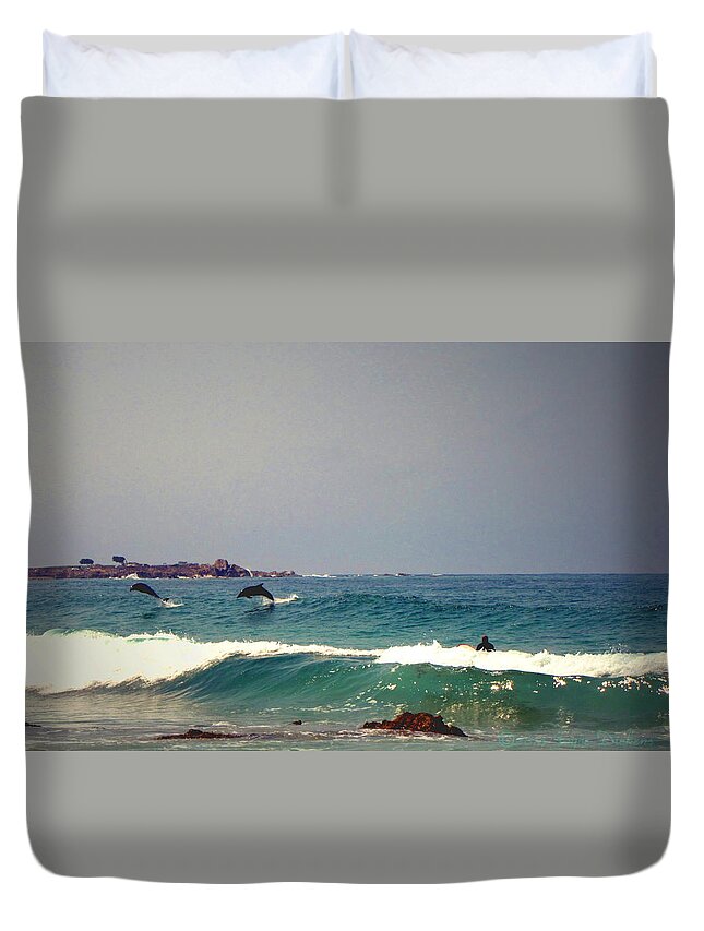 Dolphins Duvet Cover featuring the photograph Dolphins Swimming With The Surfers At Asilomar State Beach by Joyce Dickens