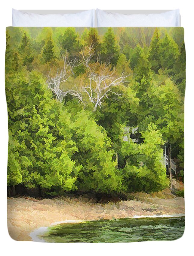 Door County Duvet Cover featuring the painting Door County Pebble Beach Foggy Morning by Christopher Arndt