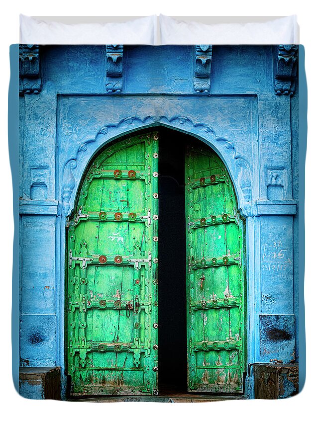 Architectural Feature Duvet Cover featuring the photograph Door In The Blue City - Jodhpur, India by Powerofforever