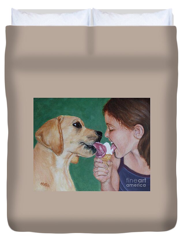 Dog Duvet Cover featuring the painting Double Dip - Ice Cream for Two by Amy Reges