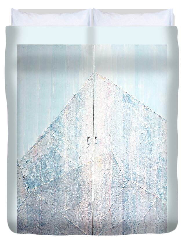 Abstract Painting Duvet Cover featuring the sculpture Double Doors to Peaceful Mountain by Asha Carolyn Young